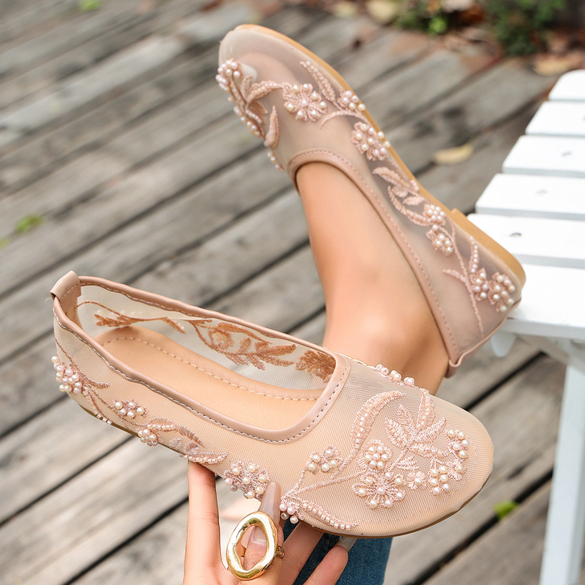 Embroidery Beads - Embroidery String Bead Mesh Ballet Flats