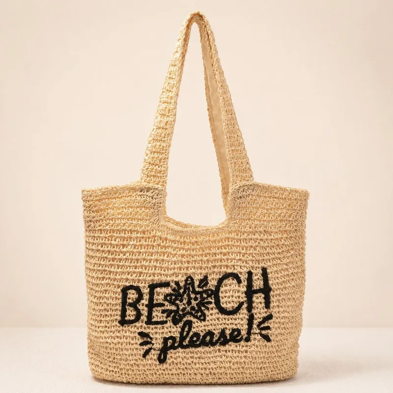 Embroidery Design - Women's handwoven straw tote bag with