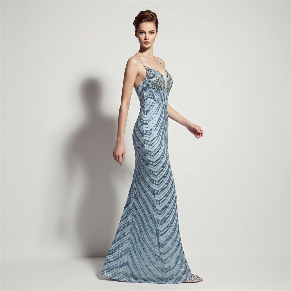 Embroidery Beads - Women Spaghetti Strap Deep V-Neck Sequin