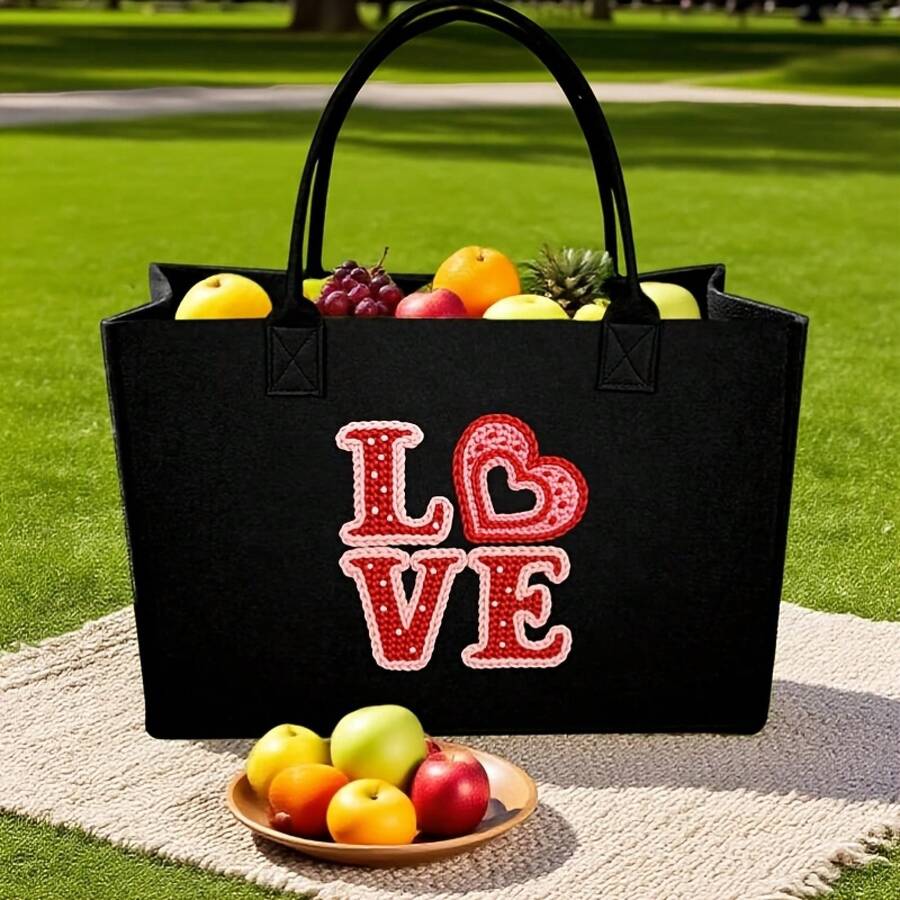 Womens Black Tote Bag With Emb - Embroidery Design Love ulasan dan harga