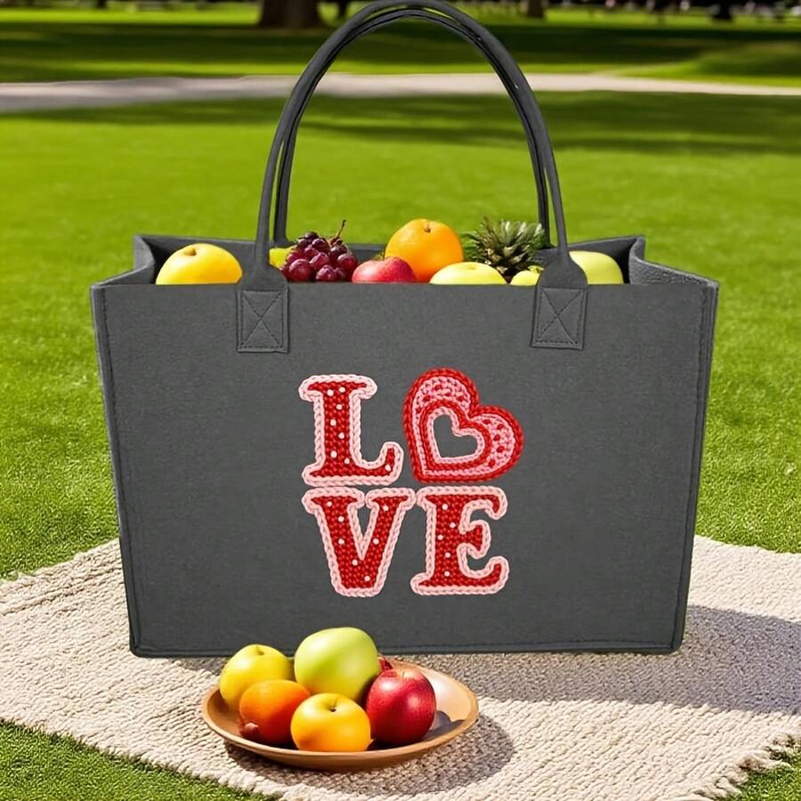 Womens Black Tote Bag With Emb - Embroidery Design Love ulasan dan harga