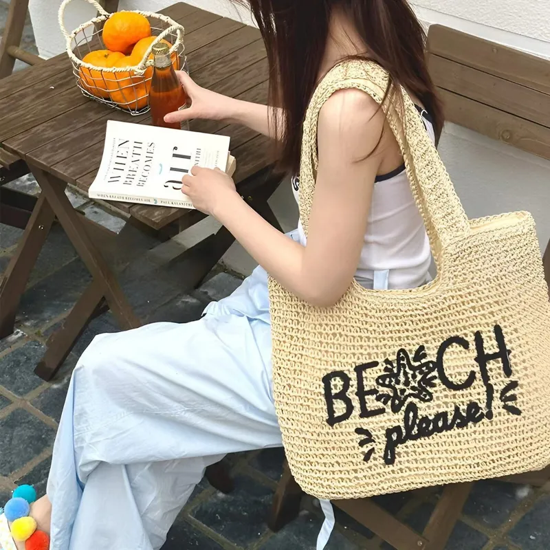 Women's handwoven straw tote b - Embroidery Design ulasan dan harga
