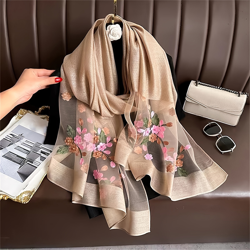 Women Silk Wool Scarf Floral E - Embroidery Shawl ulasan dan harga