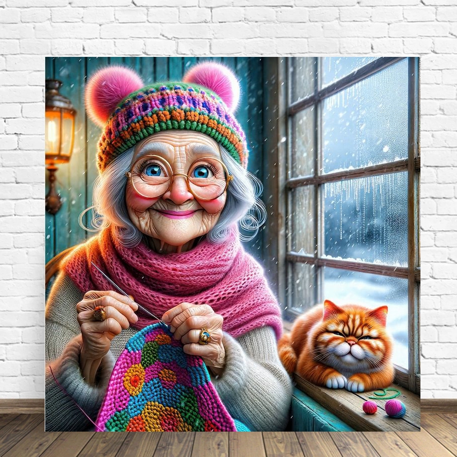 Funny Grandma And Cat Pet Anim - Embroidery Wall Art ulasan dan harga